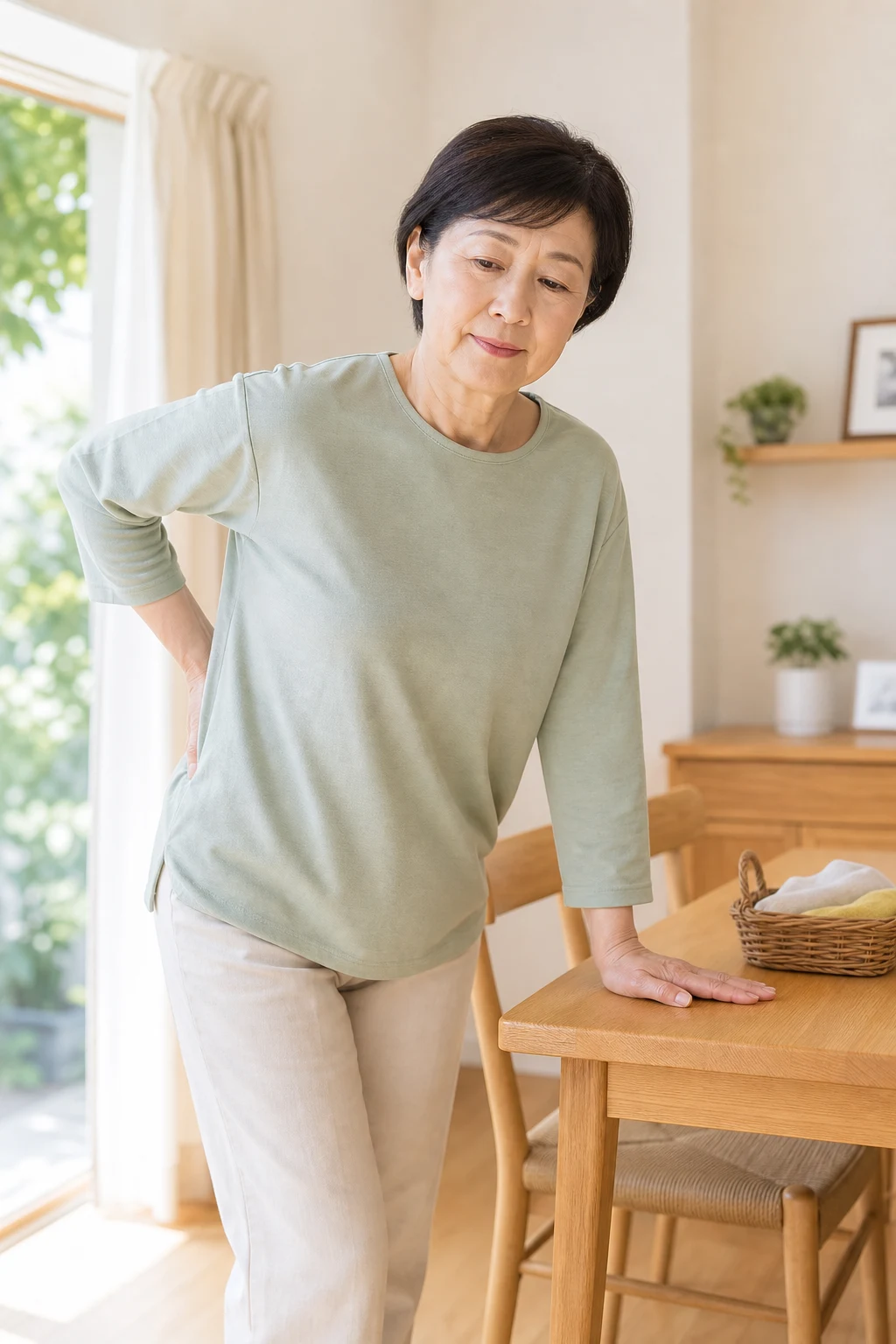家事の途中で腰に手を添える女性の架空イメージ
